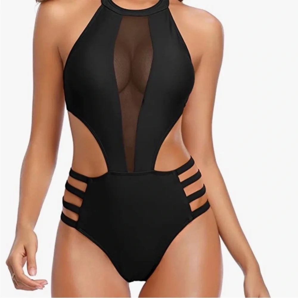 Tempt Me one piece high neck halter swim suit with cut out sides black size XL